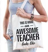 Awesome teacher / geweldige docent cadeau tas wit voor dames en heren - docenten kado / verjaardag / beroep cadeau tas