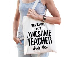 Awesome teacher / geweldige docent/leraar cadeau tas wit voor dames en heren - docenten kado / verjaardag / beroep cadeau tas