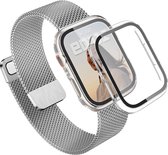 Bandje en Hoesje met Screenprotector geschikt voor Apple Watch 7 45 mm - iWatch 45mm Magnetic Loop Bandje Zilver met Cover Glas