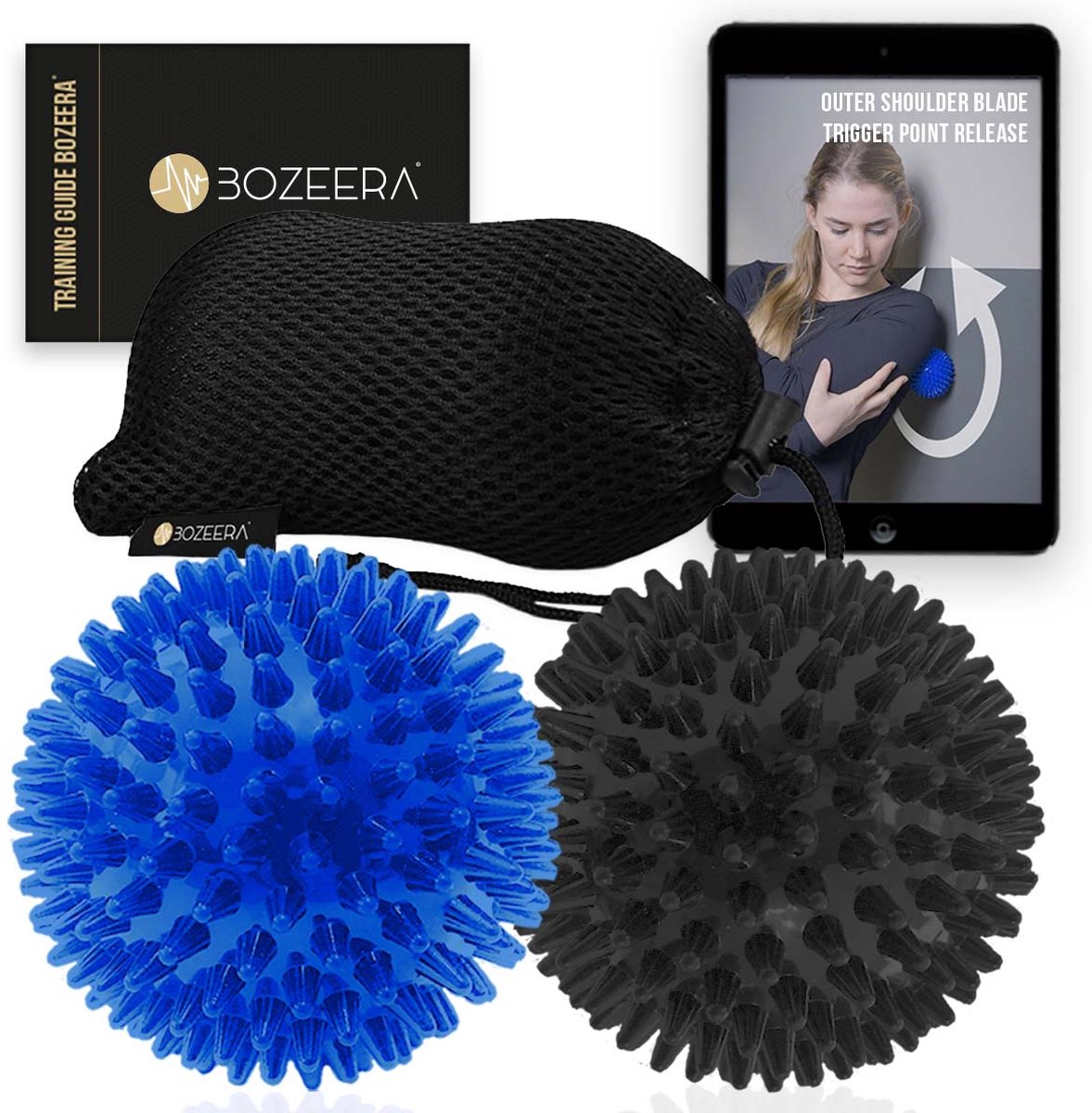 Goedkoopste BOZEERA Triggerpoint Ballen - 2x Spiky Massageballen - Spiky Massage Bal 2x 9 CM - Hard en Medium Inclusief Video Handleiding Poster & Tas