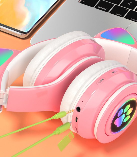 Kinder Hoofdtelefoon-Draadloze Koptelefoon-Kids Headset-Over Ear-Bluetooth-Microfoon-Katten Oortjes-Led Verlichting-Roze