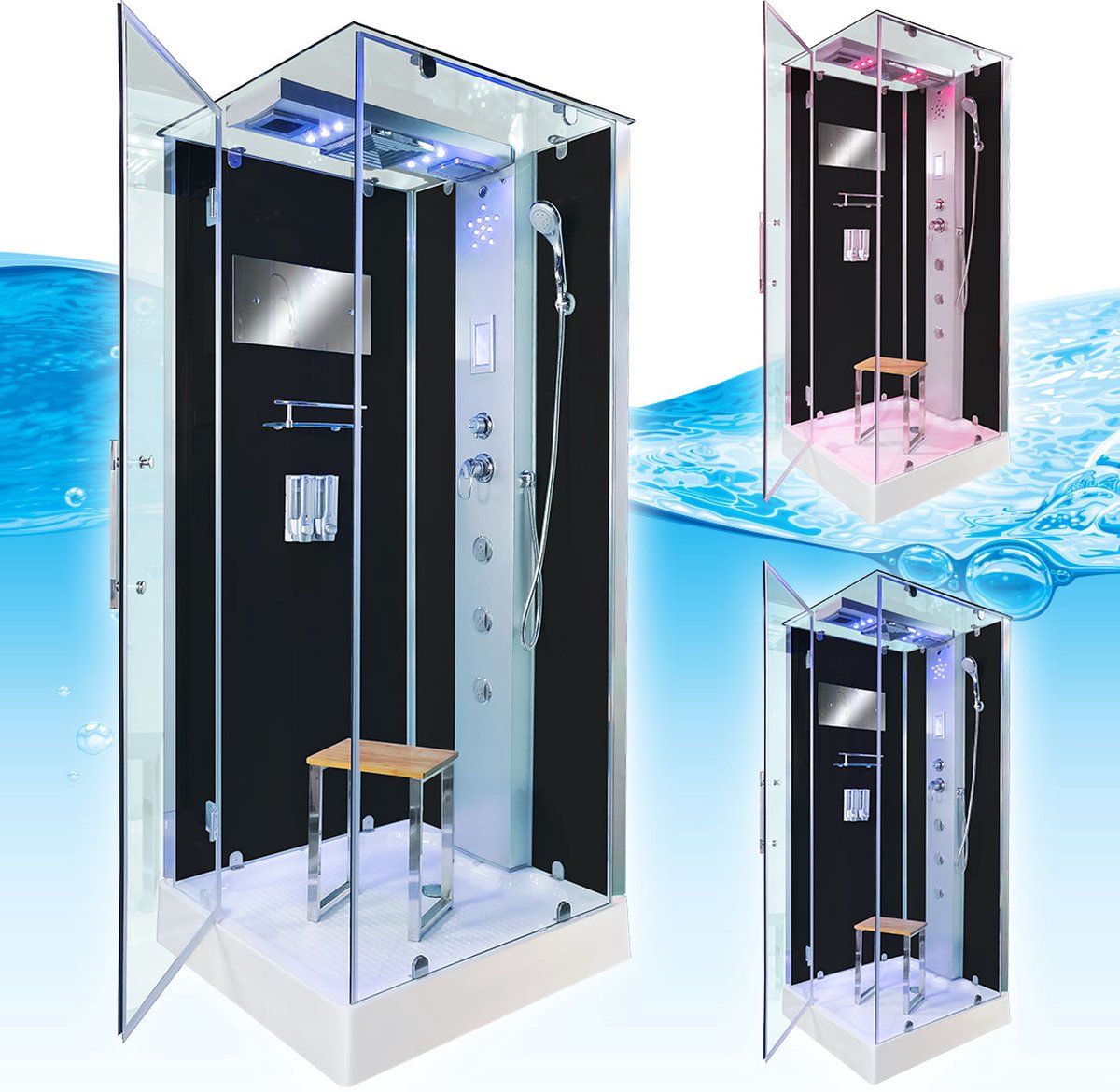 Complete Gesloten Douchecabine 90X90X215 Bastia. THERMOSTAATKRAAN. Luxe, Kit-Vrij, Zwart, Veiligheidsglas, LED, Radio, Speakers, Massage, Hoekmodel, Vierkant, Scharnierdeur, Douchebak, Afvoer, Sifon, Alle Modellen, Full Options. Royal Sanitair