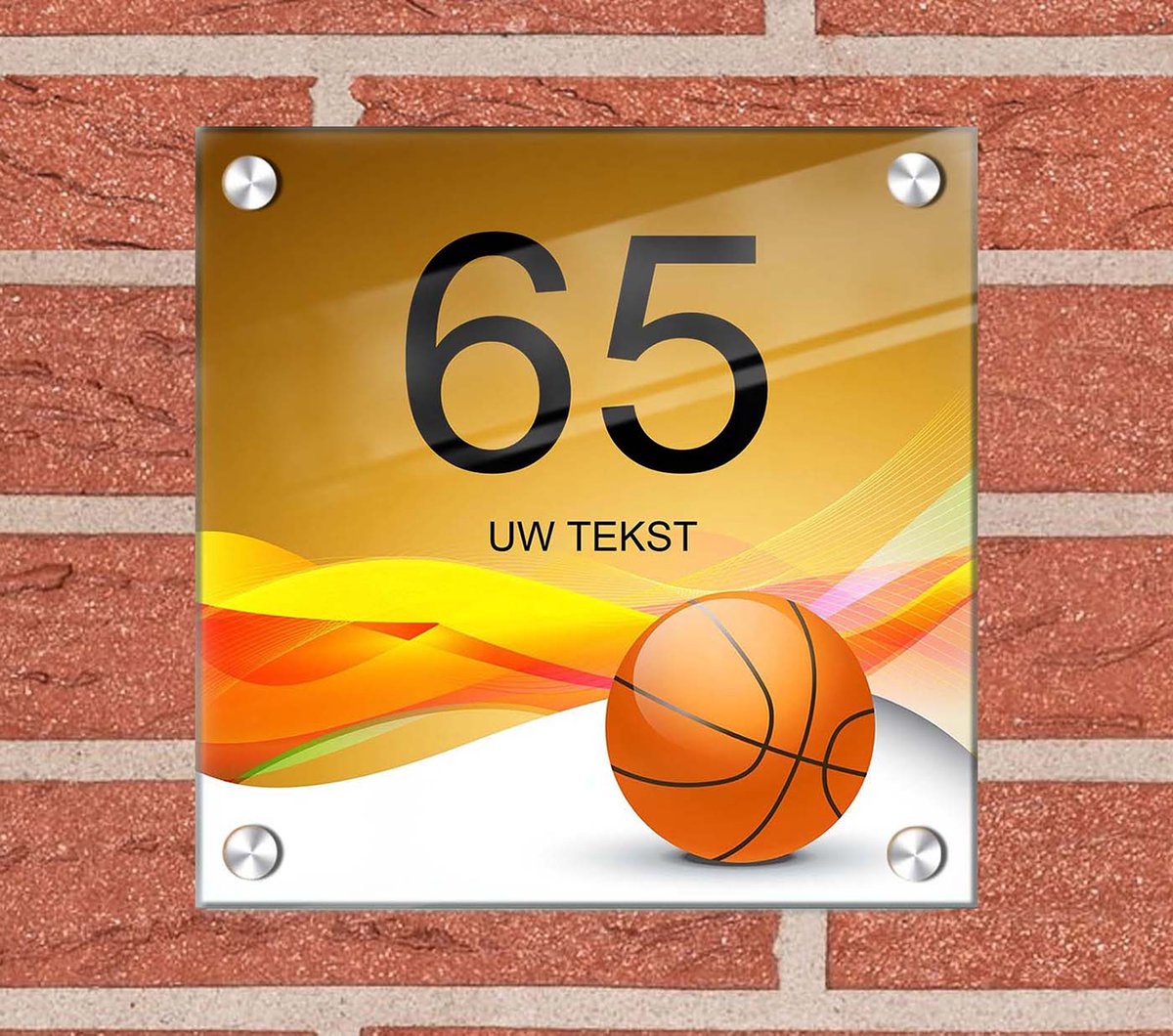 Huisnummer naambord plexiglas 15x15x0,5cm Basketbal design- met naam bedrukken Huisnummerbordjes, Naambordje voordeur, naamplaatje voordeur, huisnummer bord, huisnummer borden