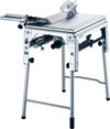 Compacte Festool tafelzaag met metalen frame, inklapbare poten en zaagbladbeschermkap.