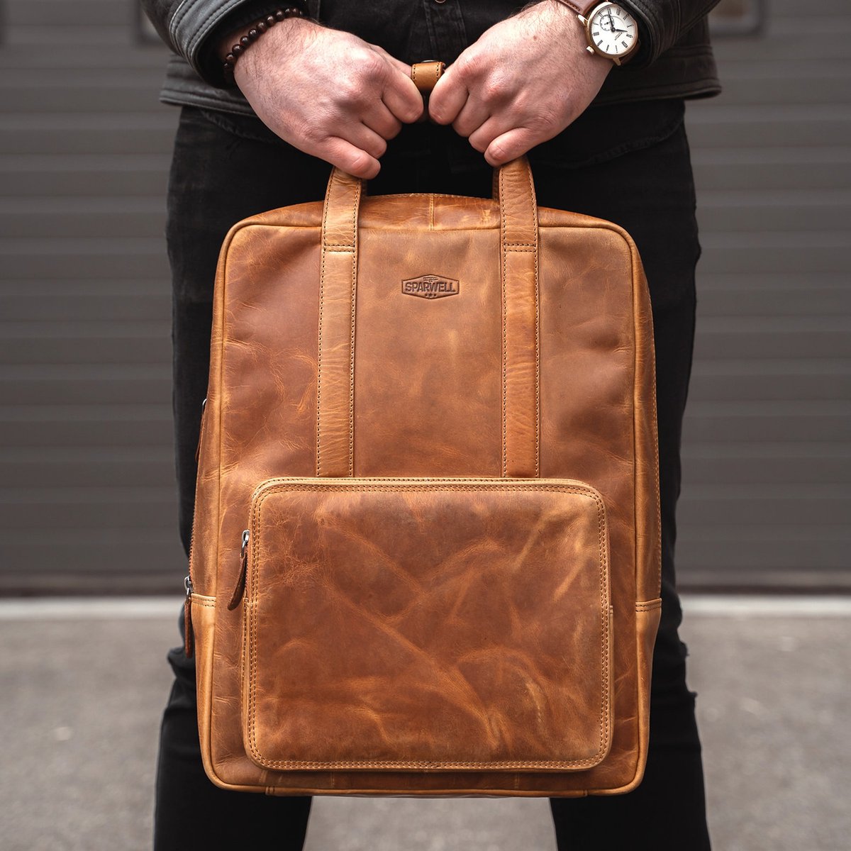 Sparwell Kompact Karson Leren laptop rugzak 15.6 inch | Cognac