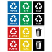Afval stickers met afbeelding - 12 soorten  - Papier – Plastic – Glas – GFT – Rest - Container stickers - Recycle - Pictogrammen - Kliko - Prullenbak