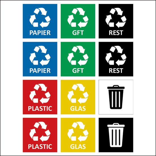 Afval stickers met afbeelding - 12 soorten - Papier – Plastic – Glas – GFT  – Rest -... | bol.com
