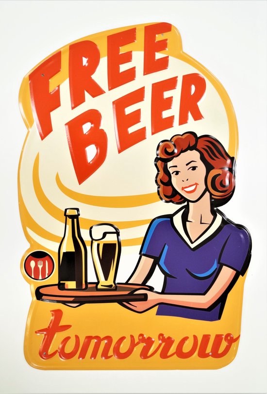 3D metalen wandbord "Free beer tomorrow" 40x60cm