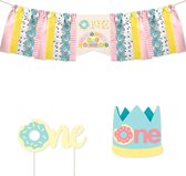 3-delige luxe eerste verjaardags set Pastel donut One - cakesmash - 1e verjaardag - donut - kinderstoel