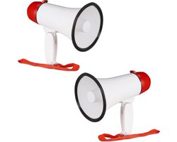 2 x megafoon grappig - megaphone kunststof - wit-rood - stemversterker - 10 watt