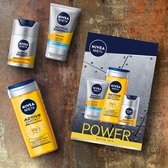 NIVEA MEN Power Active Trio geschenkset, energieke set voor een actieve start van de dag, verzorgingsset met douchegel, wasgel en gezichtsverzorgingscrème.