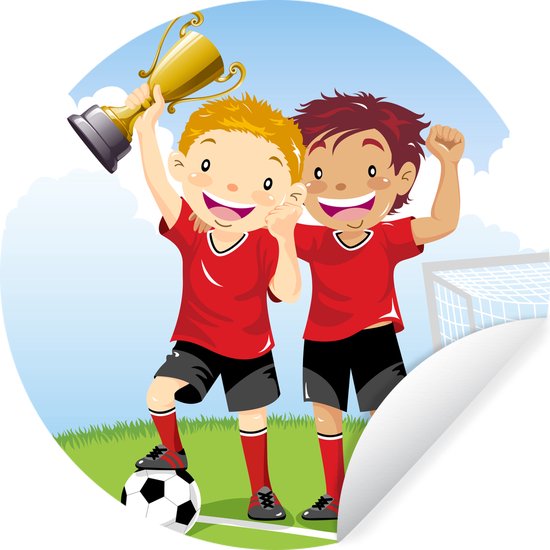 WallCircle - Muurstickers - Behangcirkel - Een illustratie van twee voetballers die een prijs hebben gewonnen - Jongens - Meisjes - Kind - ⌀ 140 cm - Muurcirkel - Zelfklevend - Ronde Behangsticker