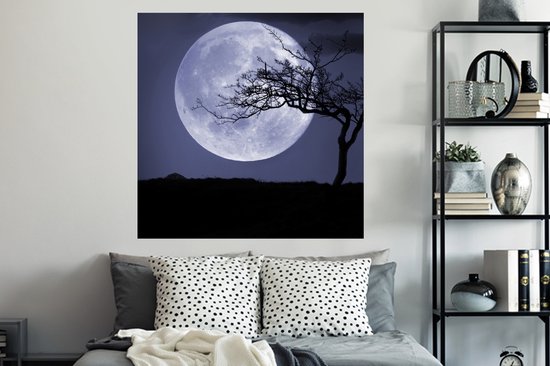 Muurstickers - Sticker Folie - Maan - Boom - Zwart - 120x120 cm - Plakfolie - Muurstickers Kinderkamer - Zelfklevend Behang XXL - Zelfklevend behangpapier - Stickerfolie