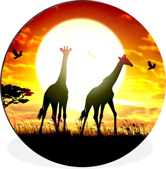 WallCircle - Wandcirkel - Muurcirkel - Een illustratie van Afrikaanse giraffen tegen de zon - Aluminium - Dibond - ⌀ 30 cm - Binnen en Buiten