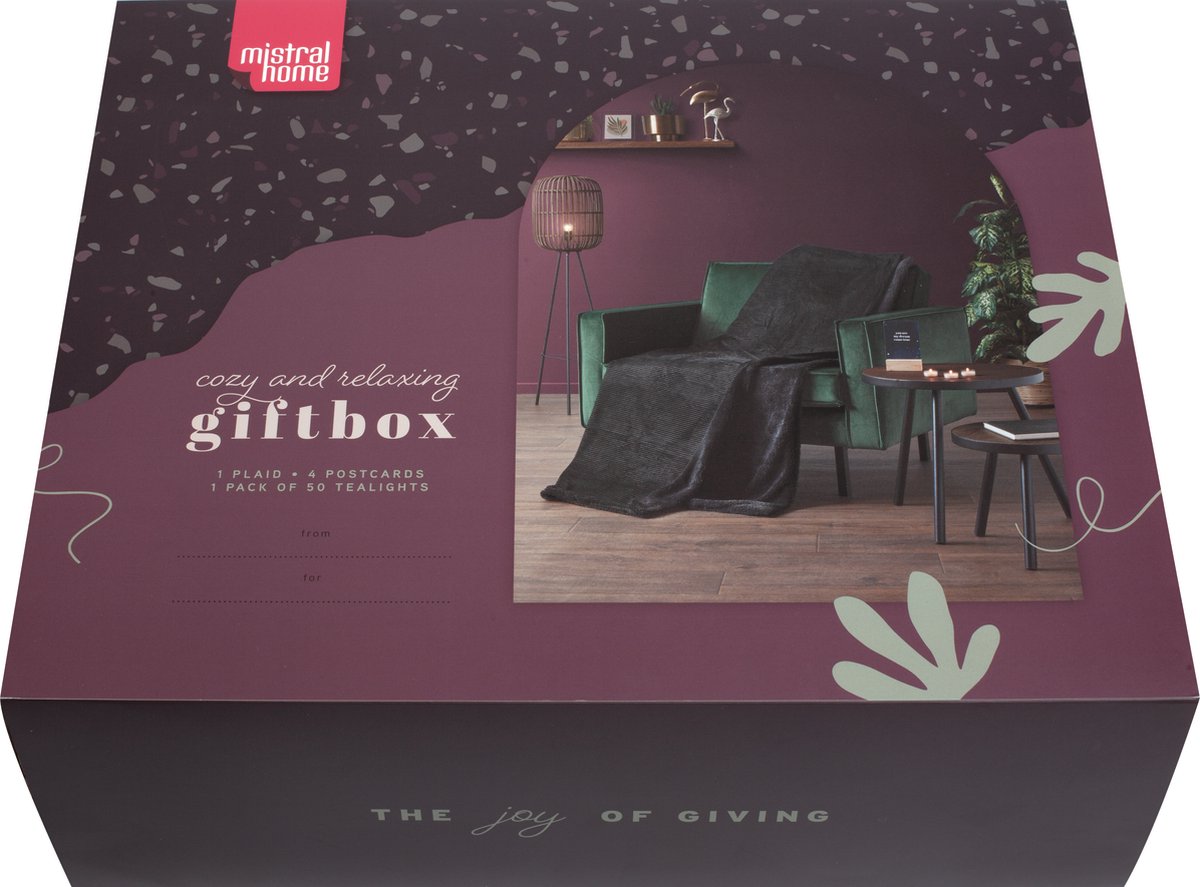 Mistral Home - Giftbox - Cadeau - Corduroy sherpa plaid 130x170 cm met theelichten en postkaarten - Zwart