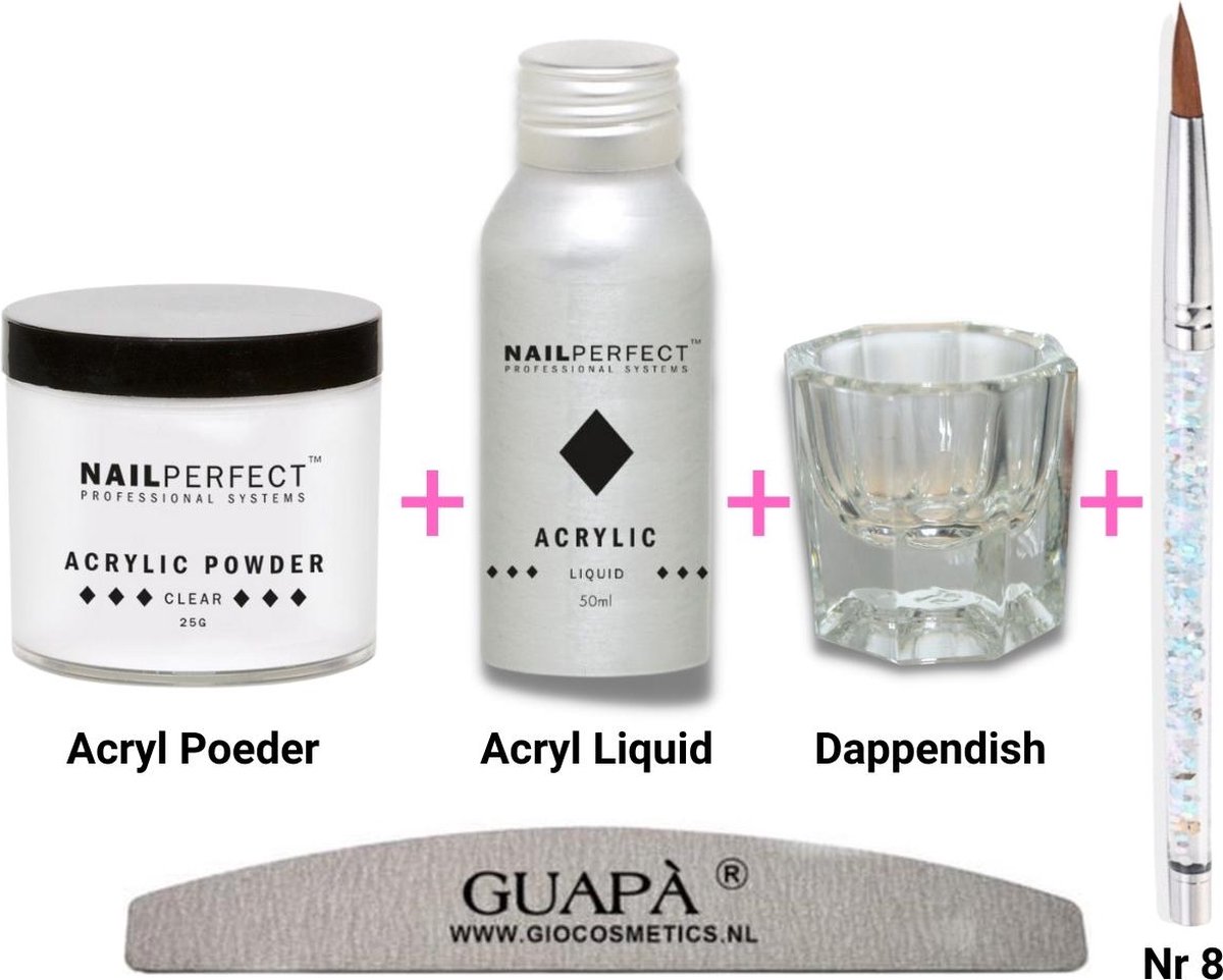 Goedkoopste GUAPÀ® Acryl Starterspakket Transparant Clear | Acryl Poeder | Acrylic Liquid | Acryl Penselen | Dappendish | Acryl nagels | Professionele Kwaliteit