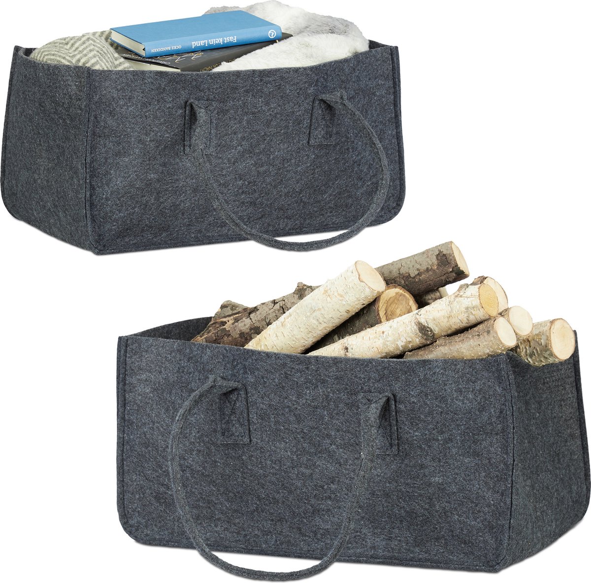 2 x houtmand vilt - haardhout tas - draagtas - vilttas - opbergmand - antraciet