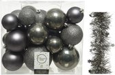 Kerstversiering kunststof kerstballen 6-8-10 cm met sterren folieslingers pakket antraciet van 28x stuks - Kerstboomversiering