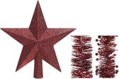 Kerstversiering kunststof glitter ster piek 19 cm en folieslingers pakket donkerrood van 3x stuks - Kerstboomversiering