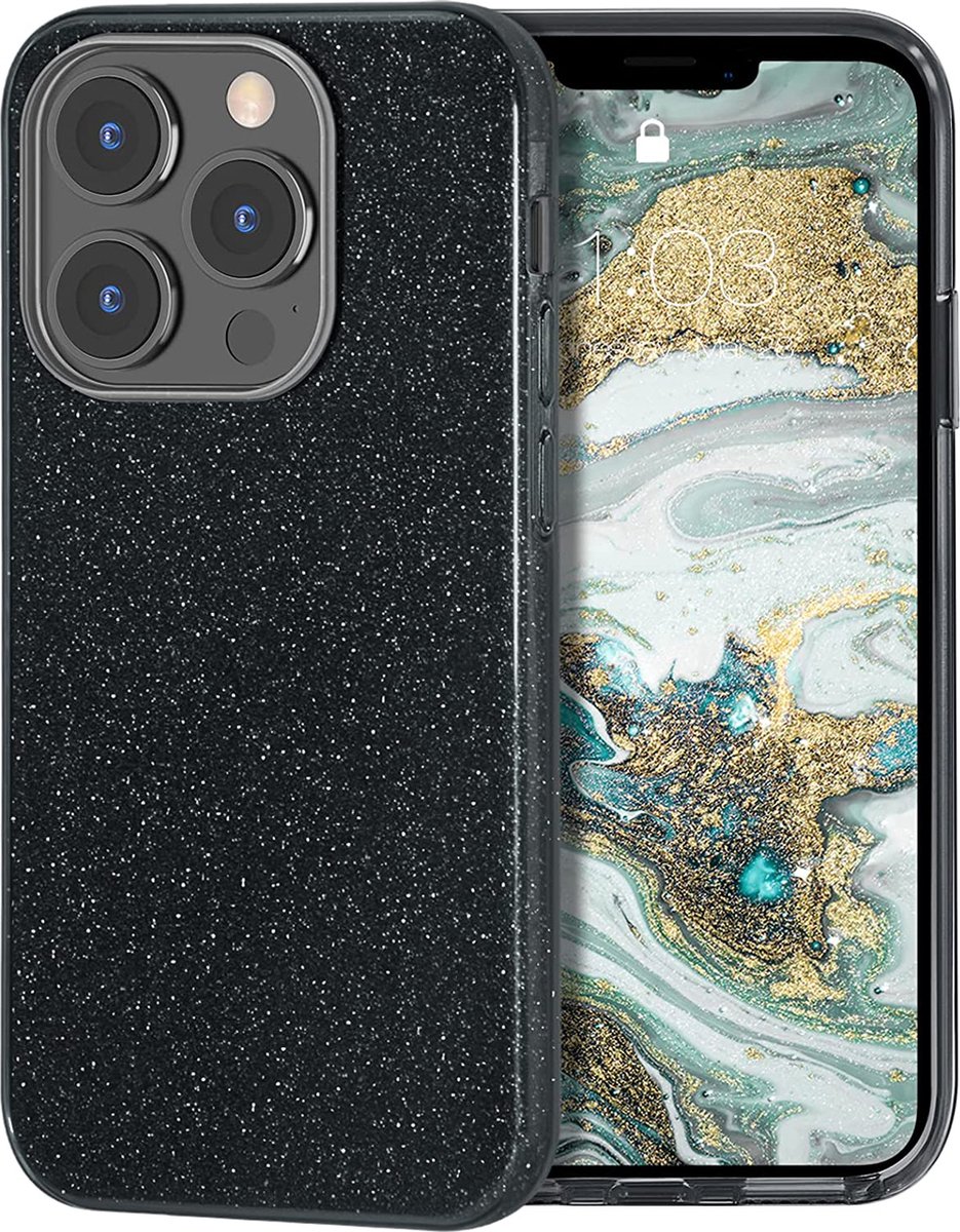 HB Hoesje Geschikt voor Apple iPhone 13 Pro - Zwart - Glitter Back Cover