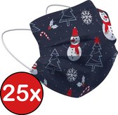 Mondkapje Kerst Wegwerp Mondmasker Mondkapjes Niet Medisch Universeel - Donker Blauw x Sneeuwpop - 25x