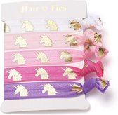 Kaart met 5 haarelastieken met unicorn wit roze en paars