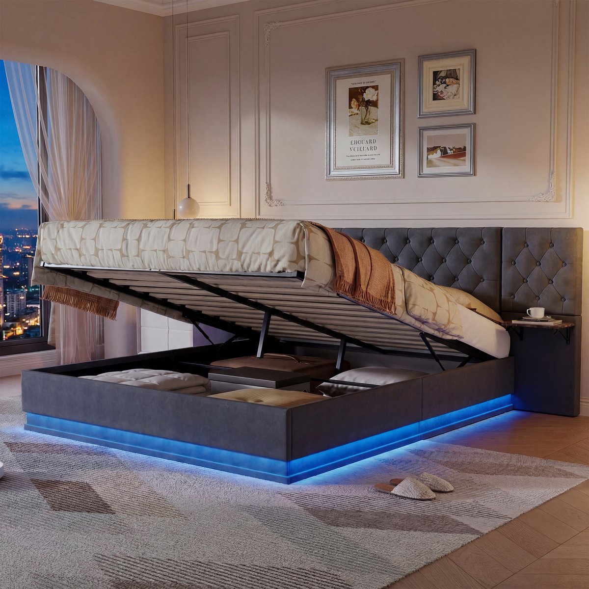 Opbergbed 140x200 cm met ledverlichting en USB-poorten, Tweepersoonsbed met hydraulische lift, Gestoffeerd met 2 houten planken, Linnen Grijs