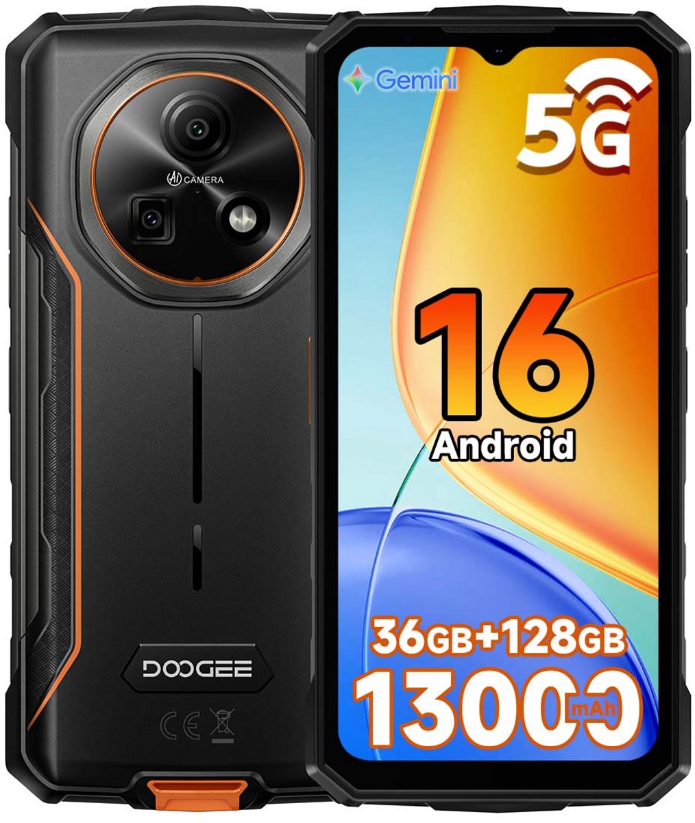 DOOGEE Fire 7 Robuuste Smartphone - IP68/IP69K Outdoor Telefoon - Dual SIM 5G - 6GB RAM - 128GB ROM - 13000mAh 18W - Android 15 - 6,6 inch - 64MP AI-camera - NFC, GPS, OTG - Oranje