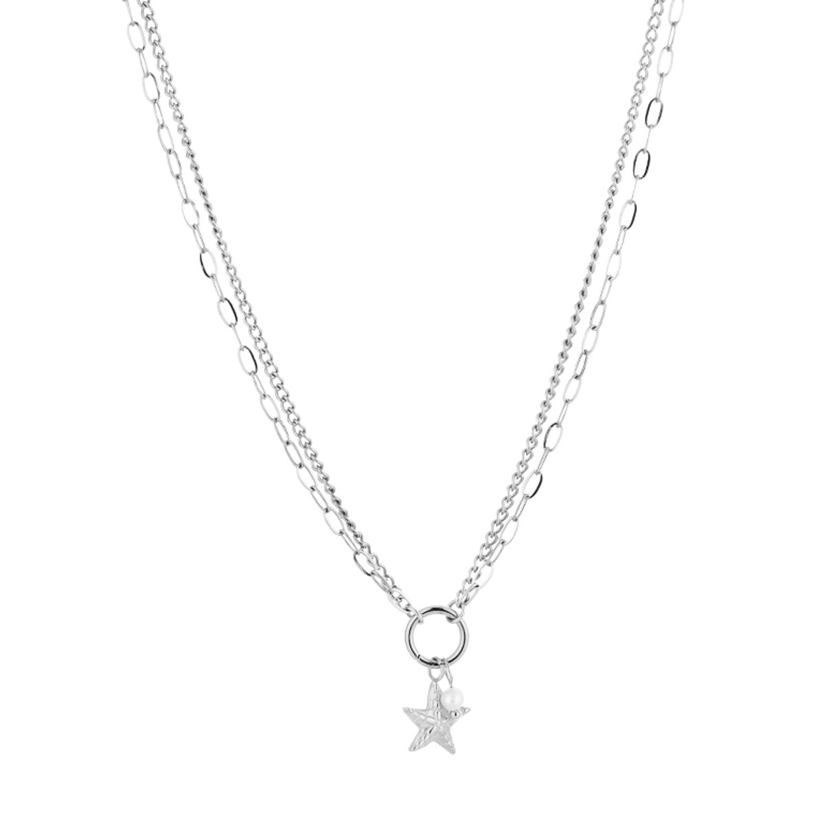 Dubbele Ketting met Sterhanger en Parelelement – Dubbele Ketting met Sterretje – RVS - Zilver