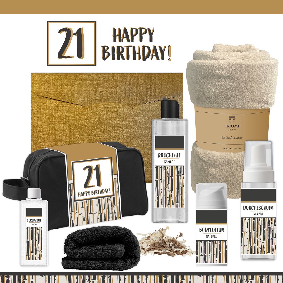 Geschenkset “21 Happy Birthday!” - 7 producten - 1390 gram | Giftset voor hem Vader Papa Eenentwintig jaar Cadeau Luxe Wellness Pakket Man Speciaal Cadeaupakket Doos Handdoeken Fleecedeken Geschenk Cadeaudoos Verjaardag Vriend Gift Douche Beige Goud