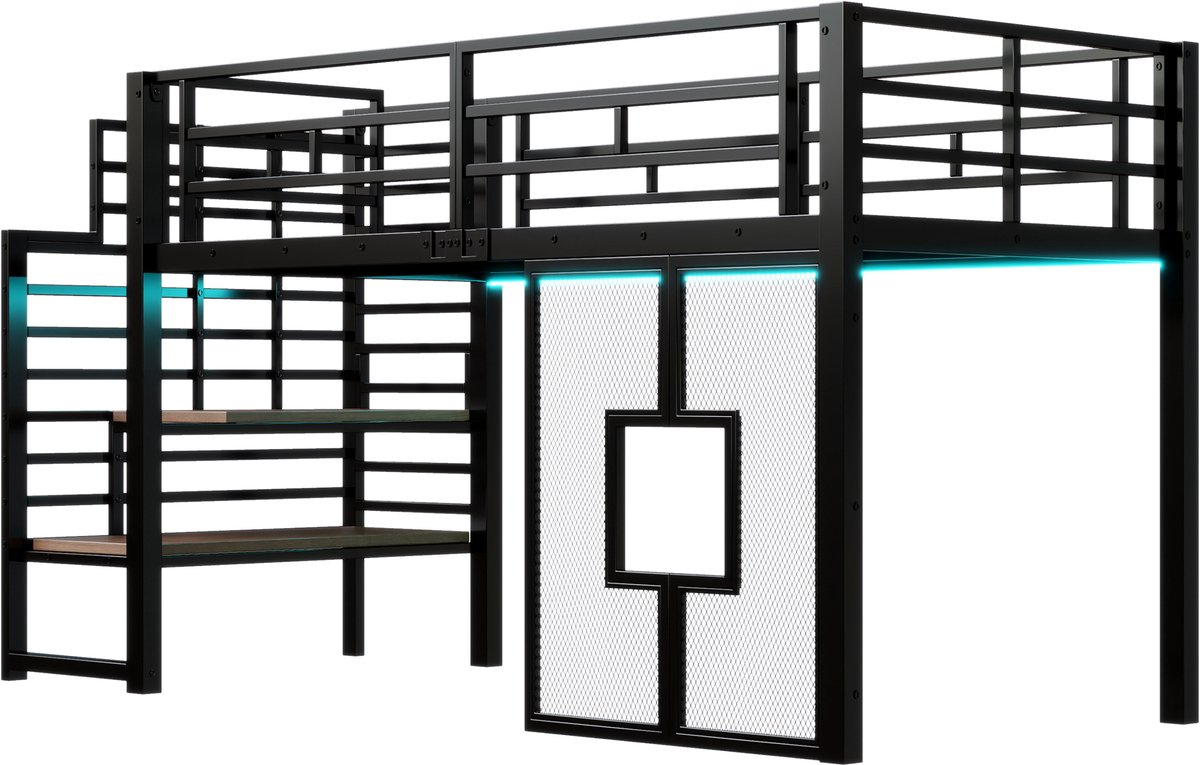 Hoogslaper 90x200 cm met trap - opbergruimte - LED-verlichting en ramen - zwart - zonder matras