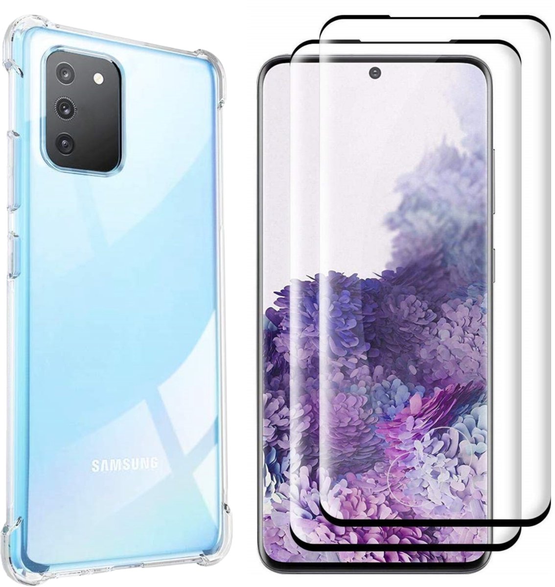 Hoesje geschikt voor Samsung Galaxy S20 backcover Shockproof siliconen Transparant en 2 stuks Screenprotector Gehard Glas Zwart