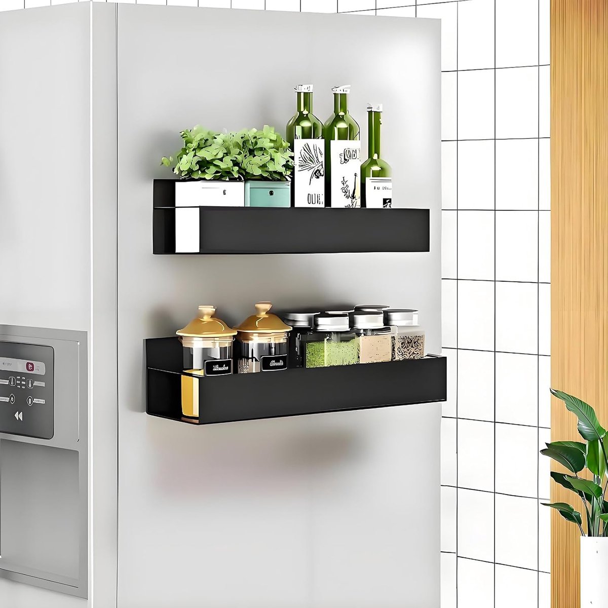 KZQ Magnetisch Kruidenrek voor Koelkast 2 Stuks met 4 Haken, Metalen Magneetplank voor Keukenopslag, Zwarte Magnetische Plank voor Specerijen en Kleine Potjes
