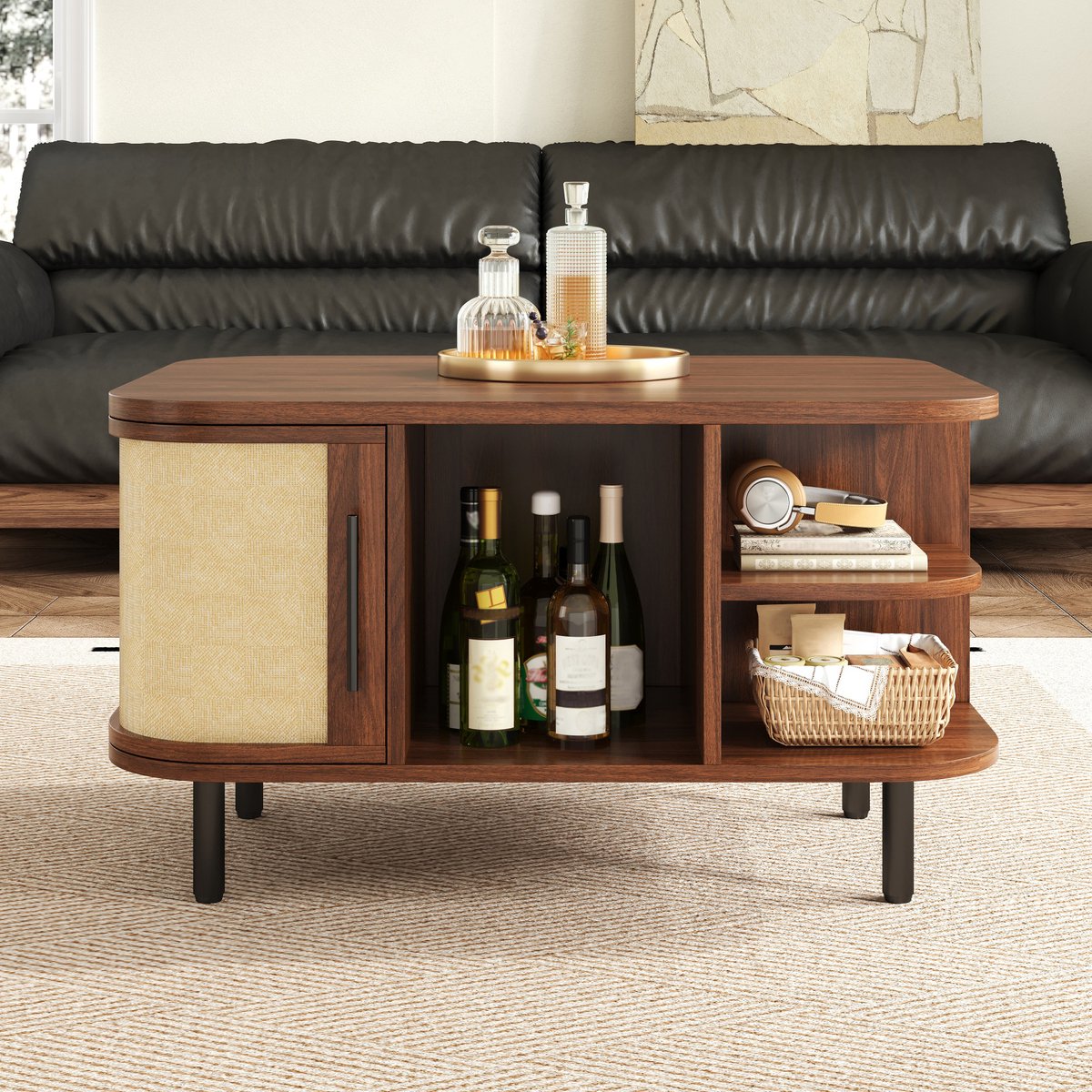 VVBV Salontafel - 80 x 60 x 47 cm, Walnoot, Organische Vorm, Opbergruimte, Metalen Poten, MDF & Metaal, voor Woonkamer