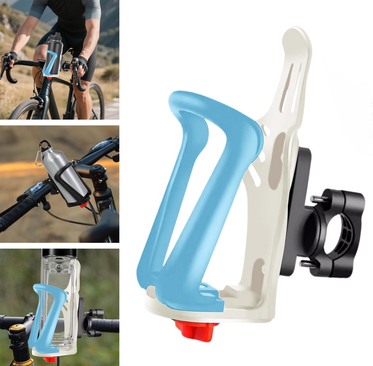 KZQ Verstelbare Fietsfleshouder - Geschikt Voor Flessen 48-71mm - 360° Draaibaar - Past Op Frame 15-33mm - Universeel Voor Fiets Motor En Kinderwagen - Blauw Wit