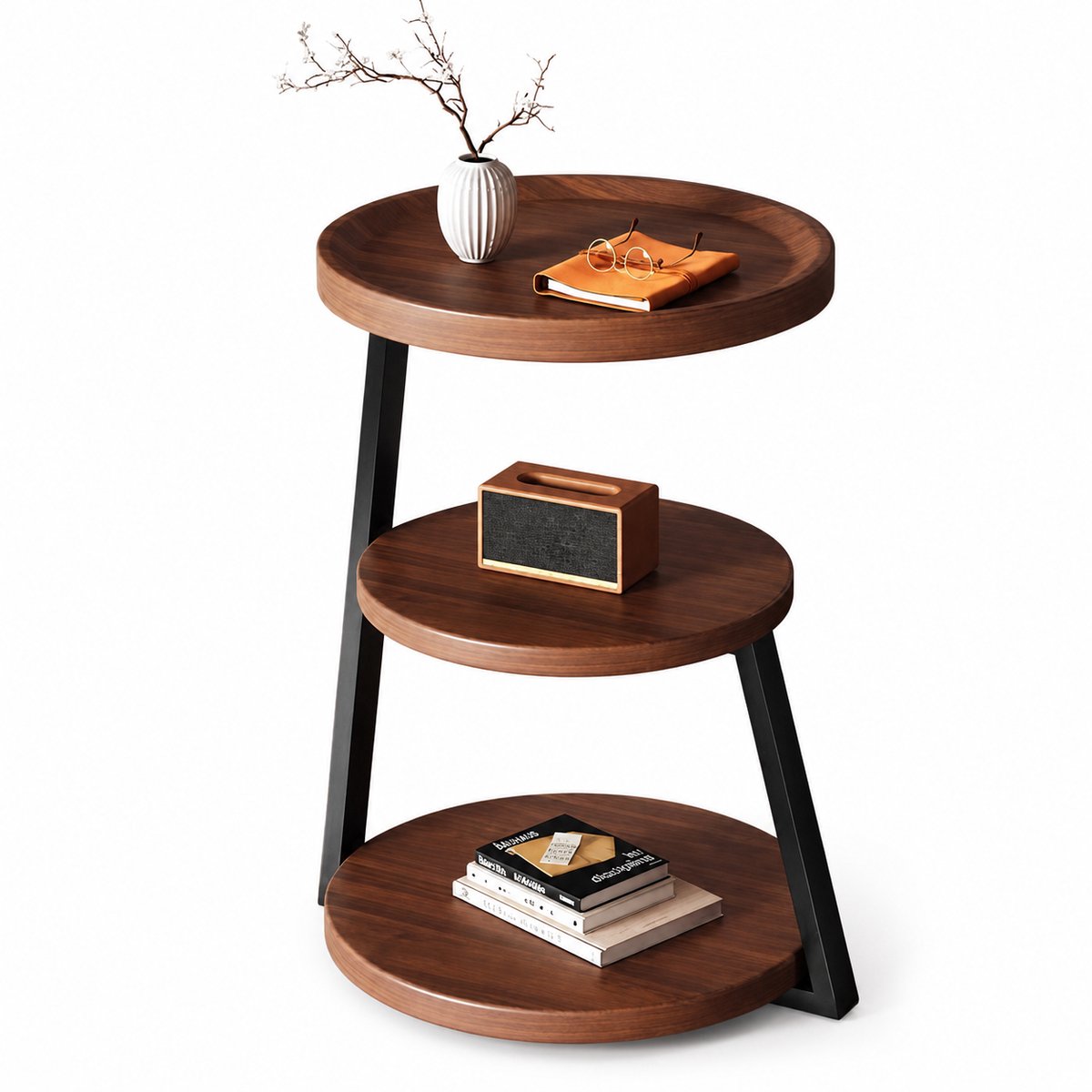 Home & Beyond® Ronde Bijzettafel - Kleine Ronde Tafel - Salontafel met 3 Opbergplanken - Nachtkastje voor Woonkamer en Slaapkamer - Houtlook Zwart - 40 x 62 cm