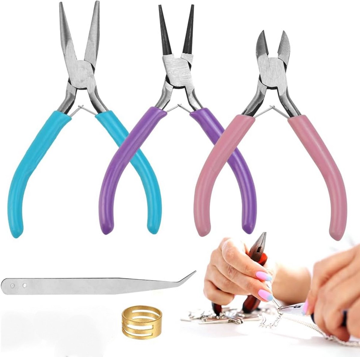 Sieraden Tangen Set - 5-Delige Sieraden Maken Gereedschap Set met Rondbek Tang, Platbek Tang, Zijkniptang & Pincet - voor DIY Kralen, Kettingen & Armbanden - Blauw, Paars & Roze