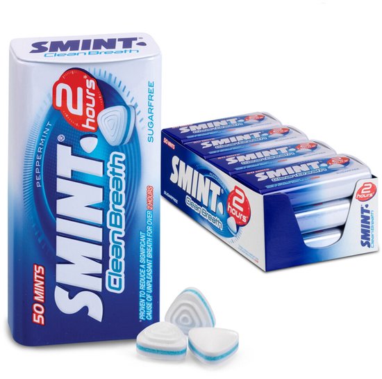 Smint Clean Breath pepermuntjes, suikervrij. Blauw met witte driehoekjes. Blik met 50 pepermuntjes en een doosje met 4 blikjes.