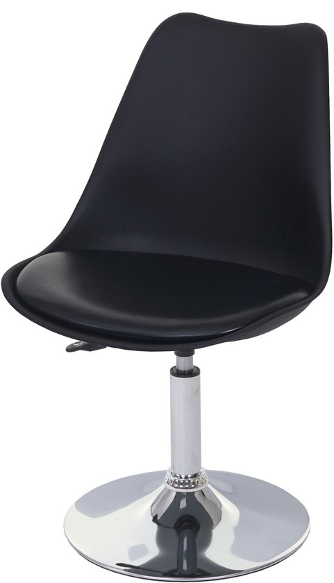 Chaise noire avec assise en similicuir, vérin réglable et pied chromé.