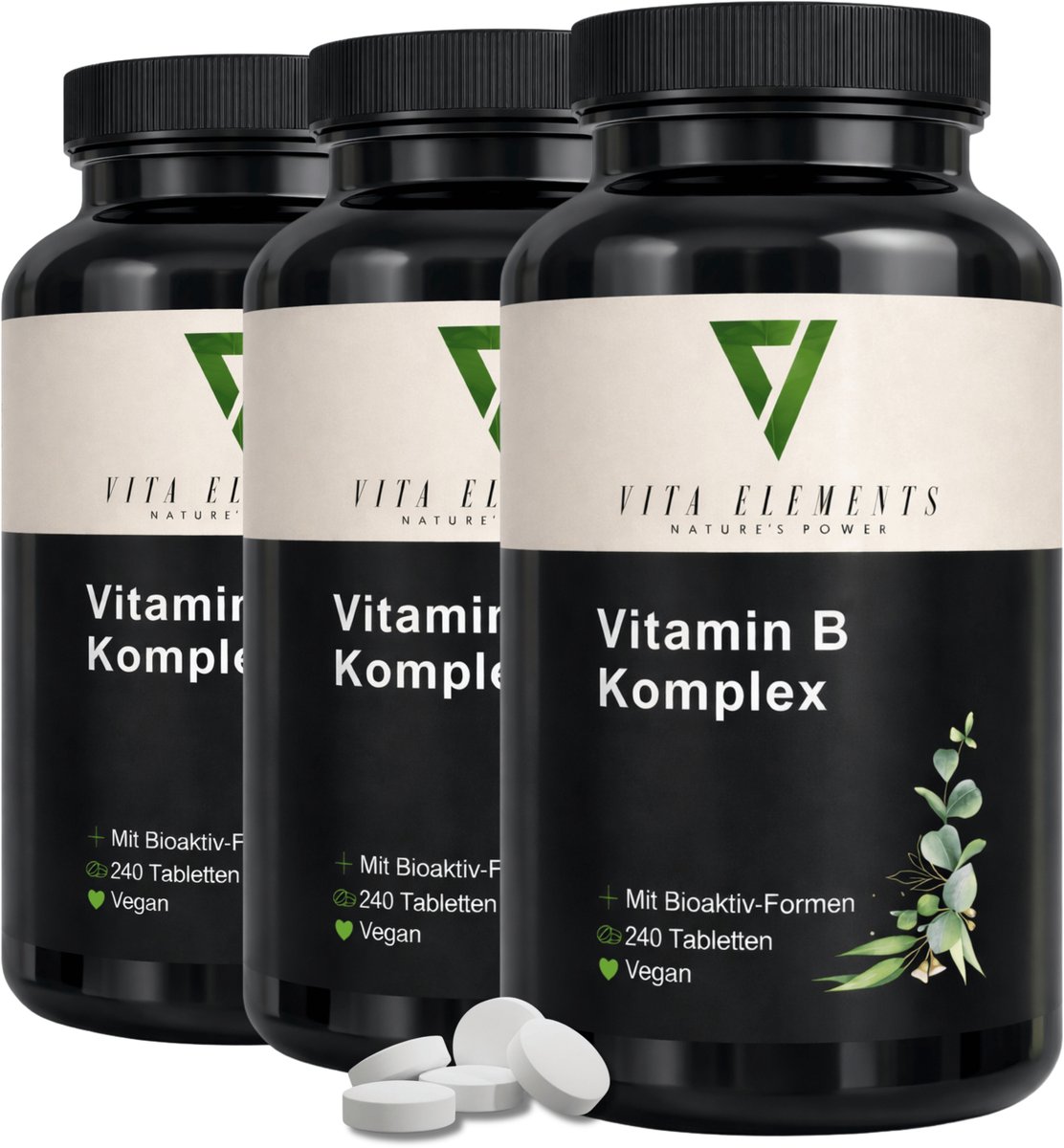 Vita Elements Vitamine B Complex Tabletten met Methylcobalamine, Choline en Inositol - Veganistisch - Suikervrij - 240 Tabletten - Getest in Duitsland Set van 3
