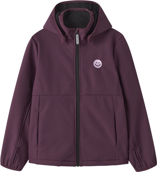 Veste bordeaux avec fermeture éclair, capuche et badge smiley sur la poitrine.