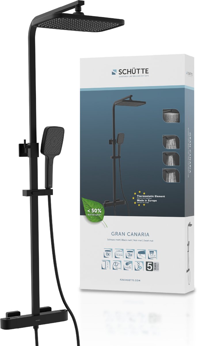 SCHÜTTE GRAN CANARIA Regendouche Set - Mat Zwart - Met Thermostatische Kraan
