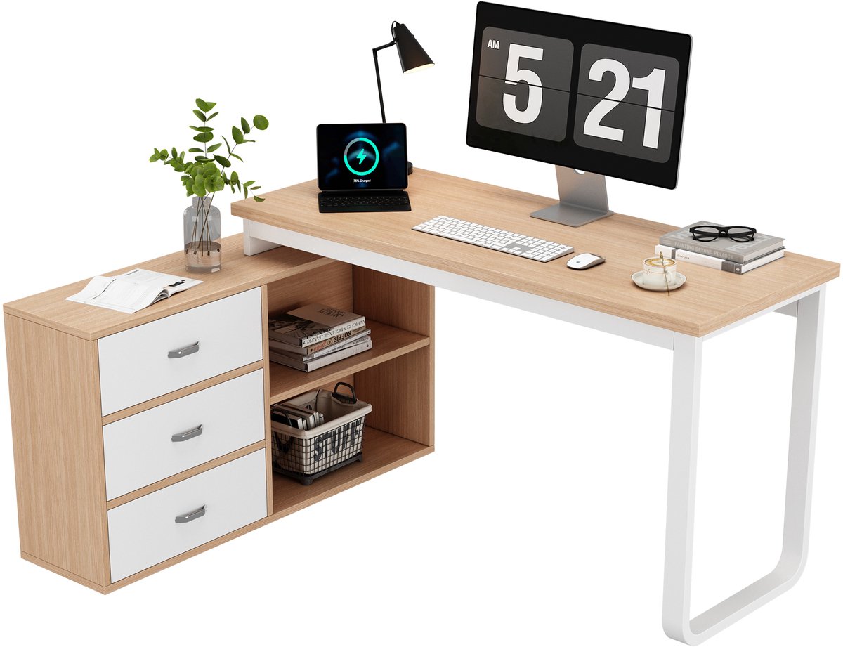 Bureau - L-Vormig Computertafel Met Kast En 3 Laden 47 cm - Hout