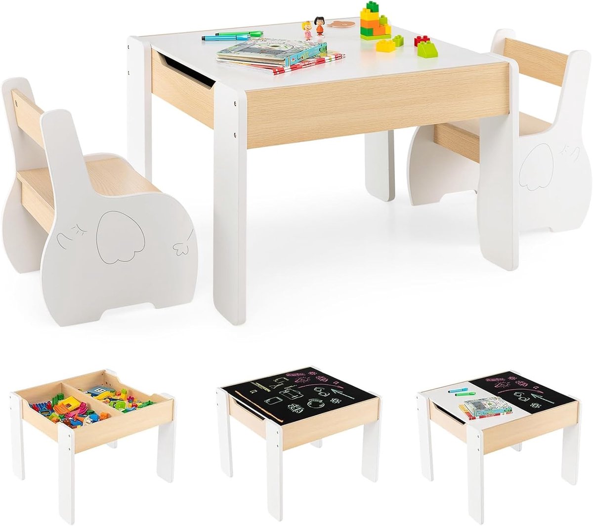COSTWAY Kindertafel met 2 stoelen, 3-delige kinderset van hout met omkeerbaar & afneembaar tafelblad, kinderverftafel met opbergruimte, kindermeubelset voor kinderen vanaf 3 jaar (Wit)