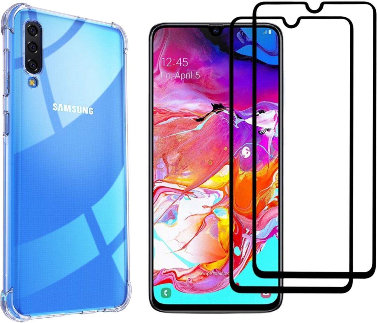 Hoesje geschikt voor Samsung Galaxy A70 backcover Shockproof siliconen Transparant en 2 stuks Screenprotector Gehard Glas Zwart