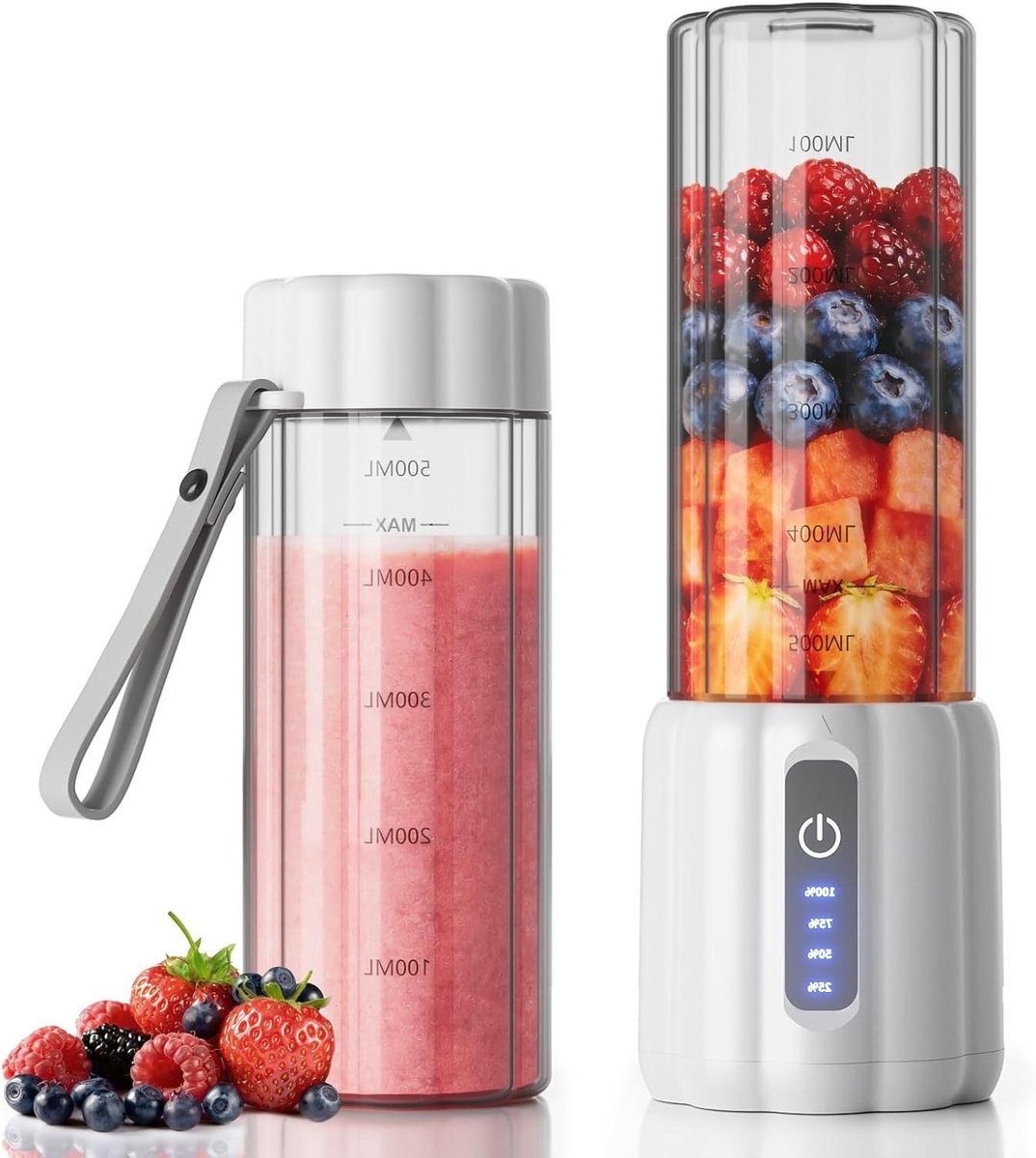 Mini Smoothie Blender - Draagbare Blender - Gezonde Drankjes Maken - 6 Roestvrijstalen Messen - 500 ml - Wit