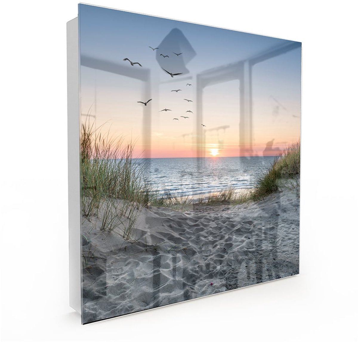 MyDesignGlas Sleutelkastje met Glazen Deur en Print – 50 Haken – 30x30x5 cm – Duinen bij Zonsondergang – Metalen Sleutelkast – Wit– Rechtsopenend