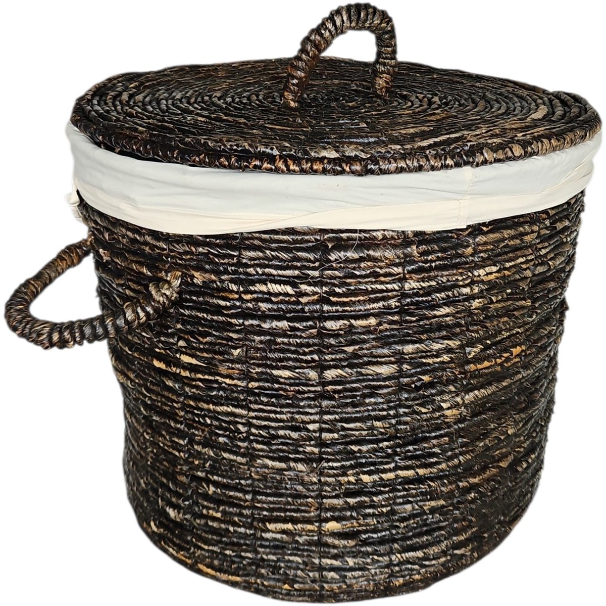 Waterhyacint Wasmand Zwart Gerookt Ø55cm | Linnen Voering & Handvaten | Deksel | Badkamer