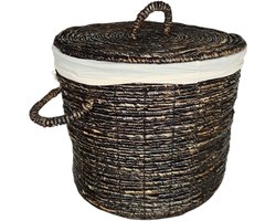 Waterhyacint Wasmand Zwart Gerookt Ø55cm | Linnen Voering & Handvaten | Deksel | Badkamer