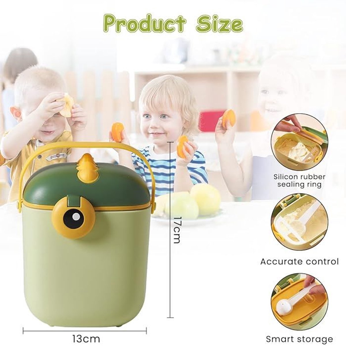 Babyvoeding - Bewaarbox - Groen - Melkpoeder - Snacks - Luchtdicht - Flesvoeding - Stoere Dino - Handvat - Kraamcadeau